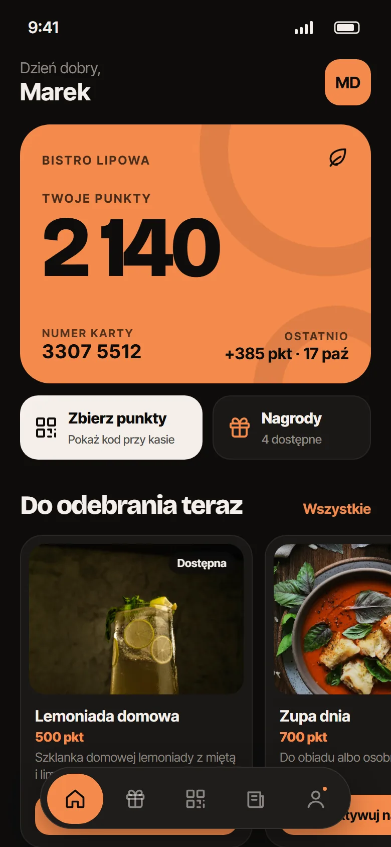 Aplikacja lojalnościowa dla barów i bistro: ekran startowy z kartą punktów