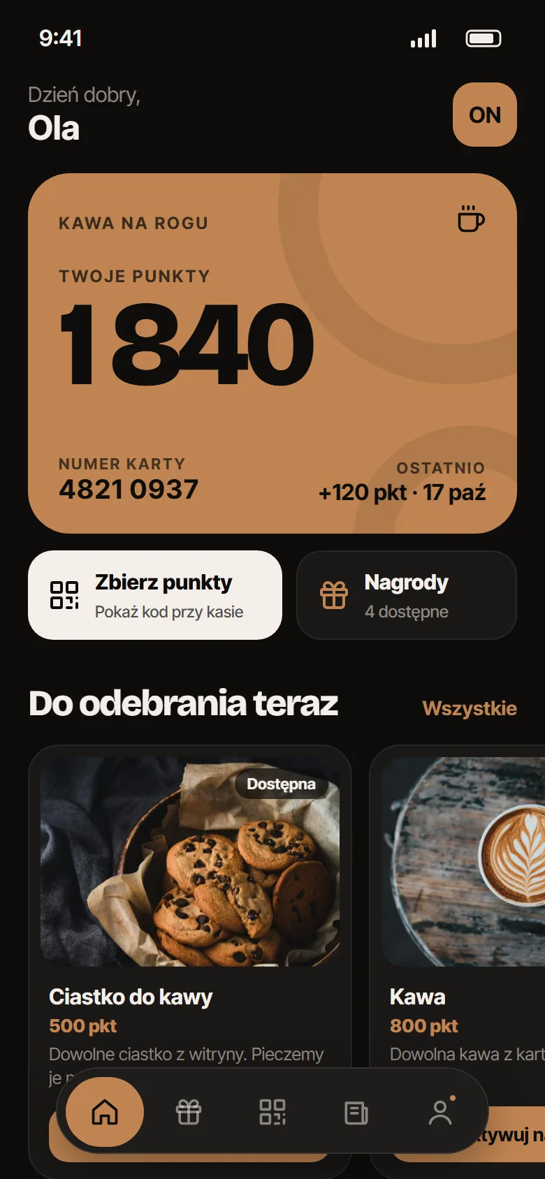 Aplikacja lojalnościowa dla kawiarni: ekran startowy z kartą punktów