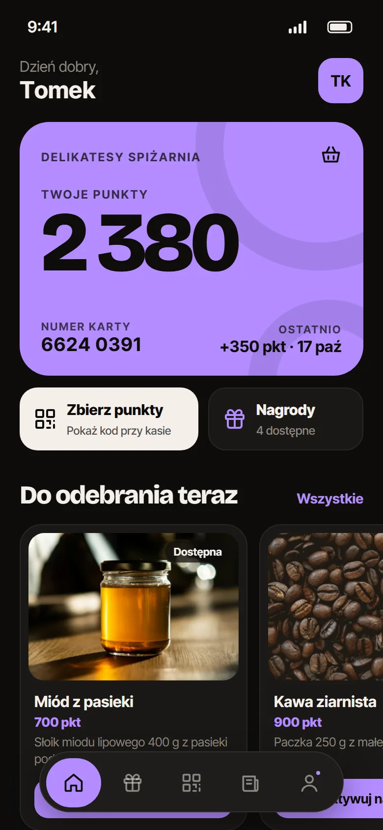 Aplikacja lojalnościowa dla delikatesów: ekran startowy z kartą punktów