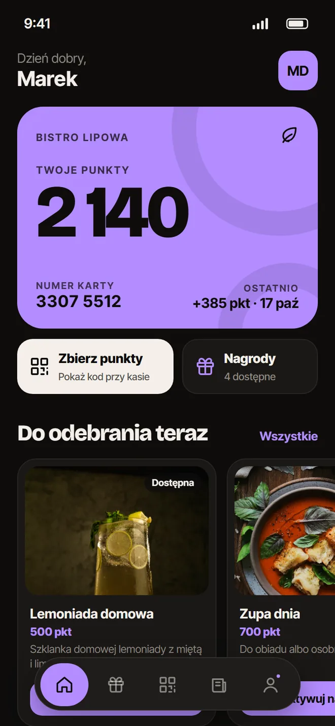 Aplikacja w kolorystyce: Fiolet · ciemny